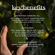 Hand holding an avocado with text about its key benefits on a dark background