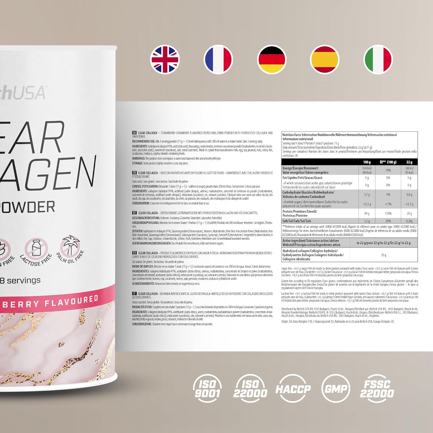 BioTechUSA Clear Collagen Drink Powder, Strawberry Cranberry - 308g