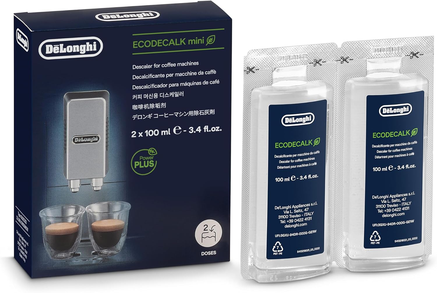 De'Longhi EcoDecalk Mini Coffee Machine Descaler, carton and liquid bottle packaging, unscented formula, 2 x 100ml