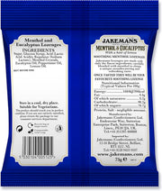 Jakemans Menthol & Eucalyptus Lozenges bag packaging menthol eucalyptus flavour 12 x 73g ingredients, barcode and product information panel