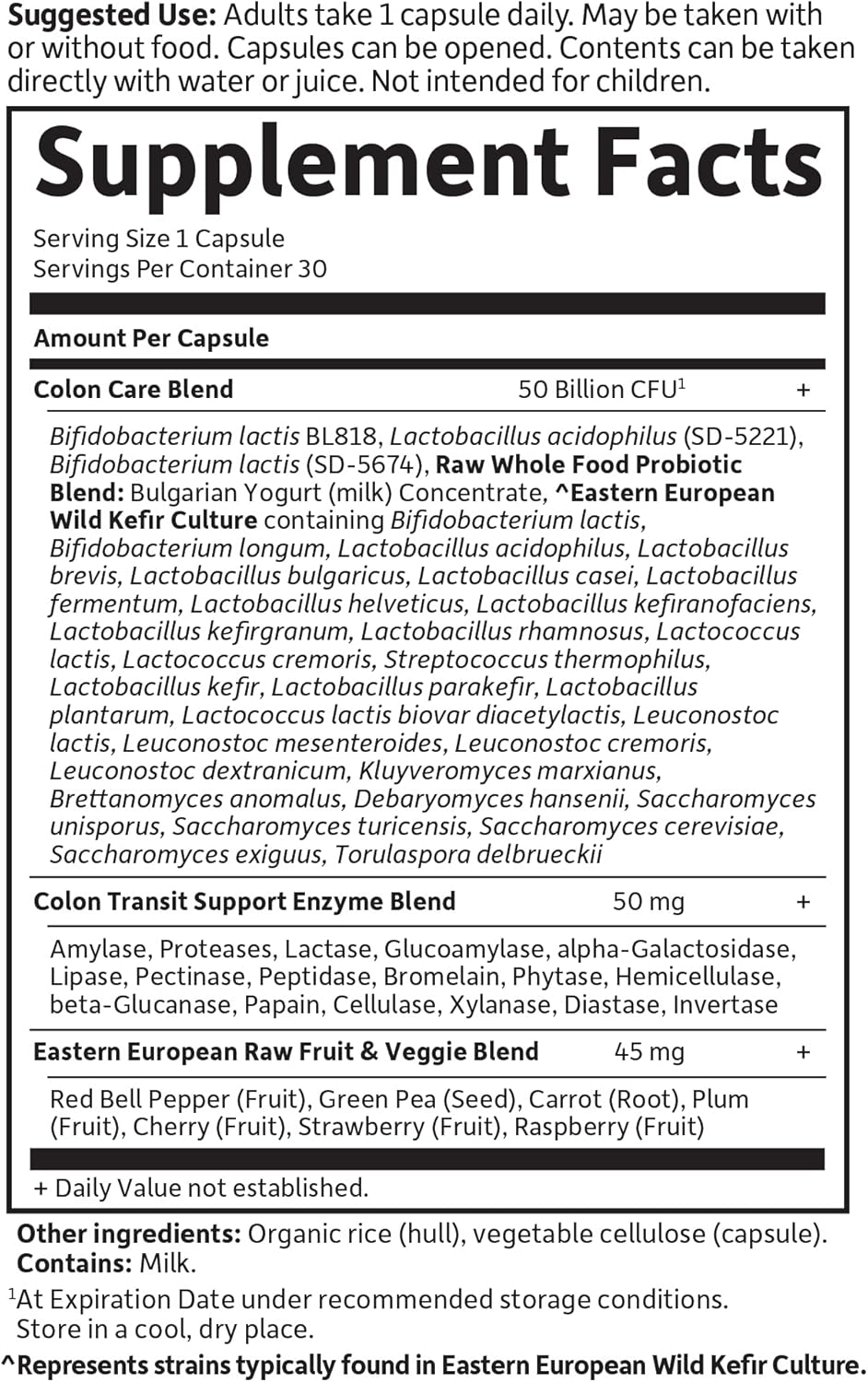 Supplement facts for Raw Probiotics with enzymes.