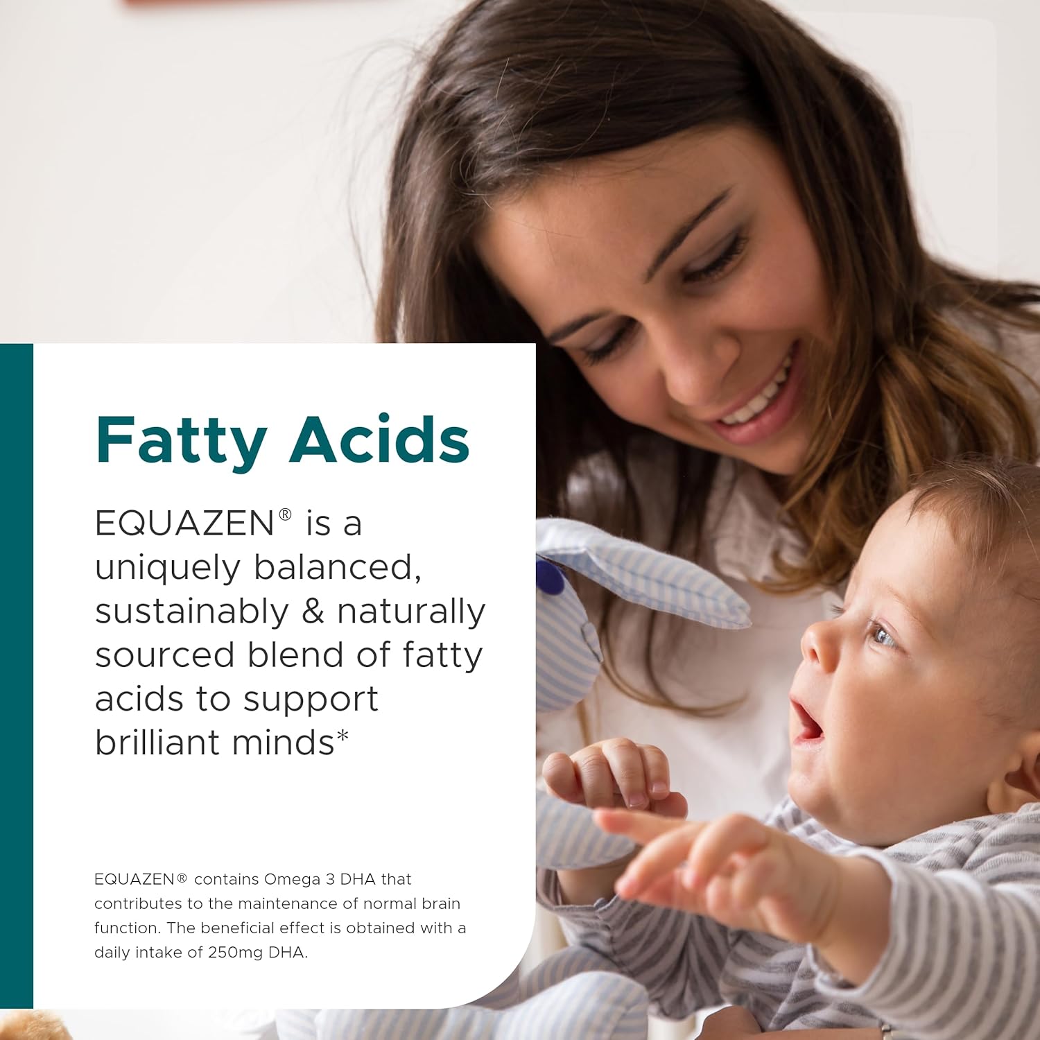 Woman and child interacting with text about EQUAZEN fatty acids supplement