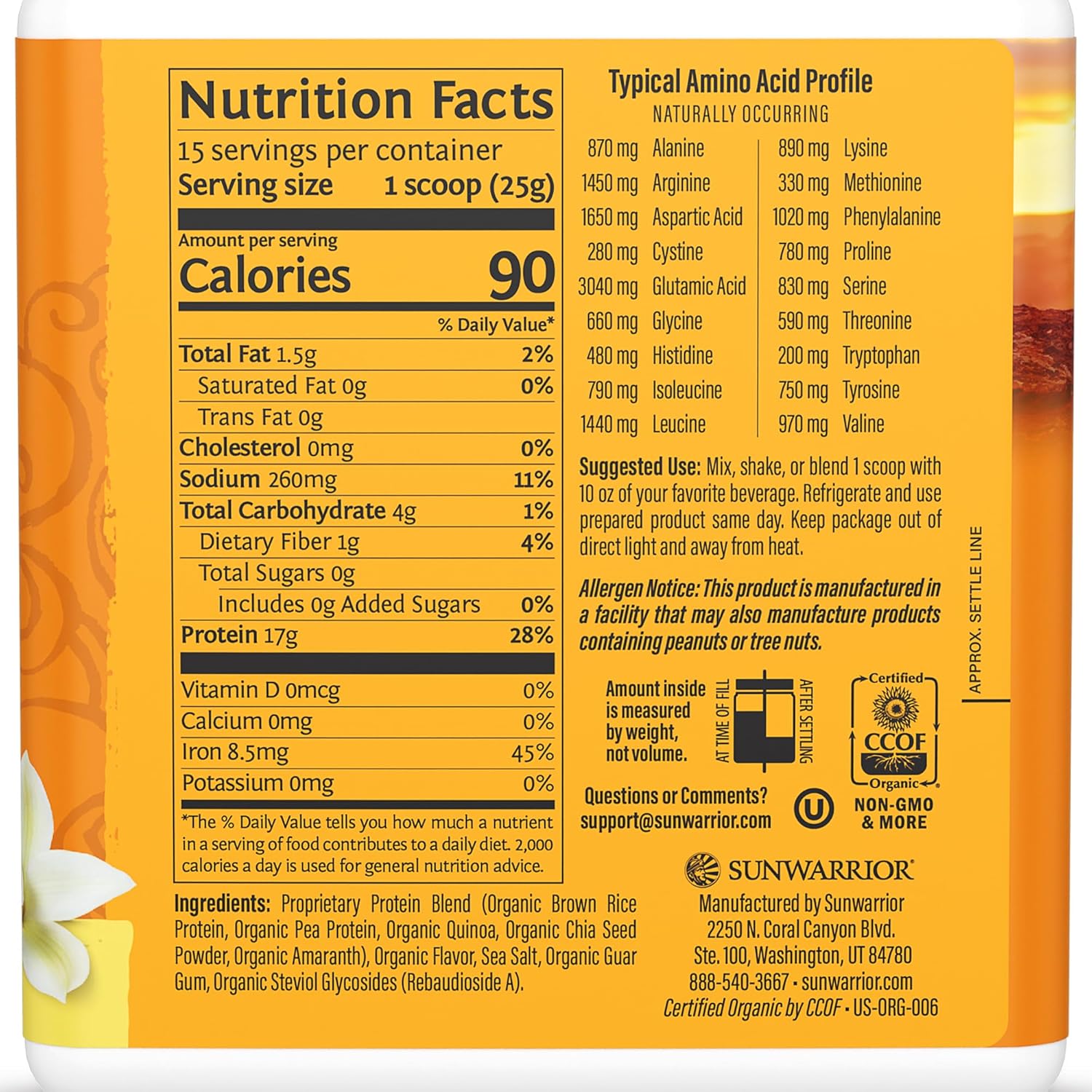 Back of Sunwarrior Classic Plant Protein powder showing organic ingredients.