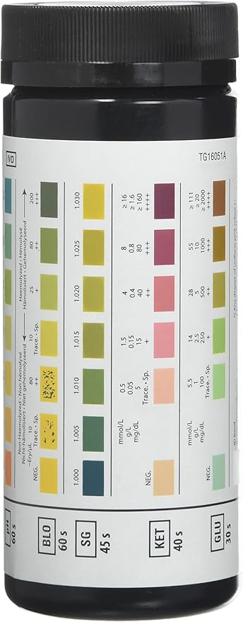 Close-up of a Siemens Multistix 8 SG reagent strip colour chart on the box. on bottle.