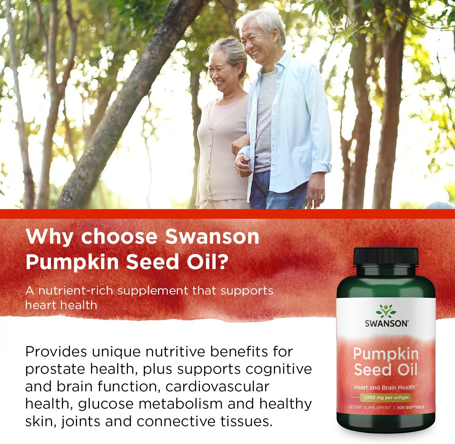 Advertisement for Swanson Pumpkin Seed Oil with an elderly couple in a park.
