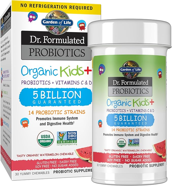 Garden of Life Dr. Formulated Kids+ Probiotic bottle & box with watermelon 30 chewable tablets.