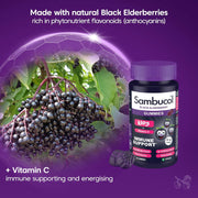 Sambucol Black Elderberry Gummies bottle with black elderberries on a purple background