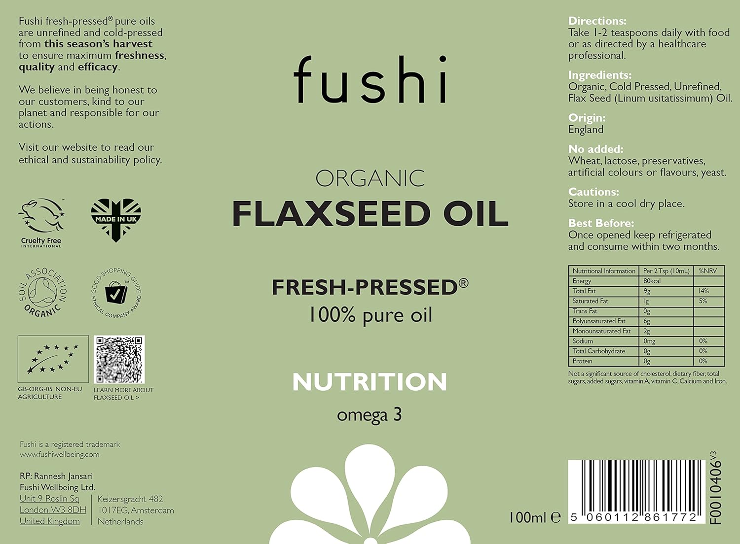 Label of fushi Organic Flaxseed Oil with text and symbols on a green background