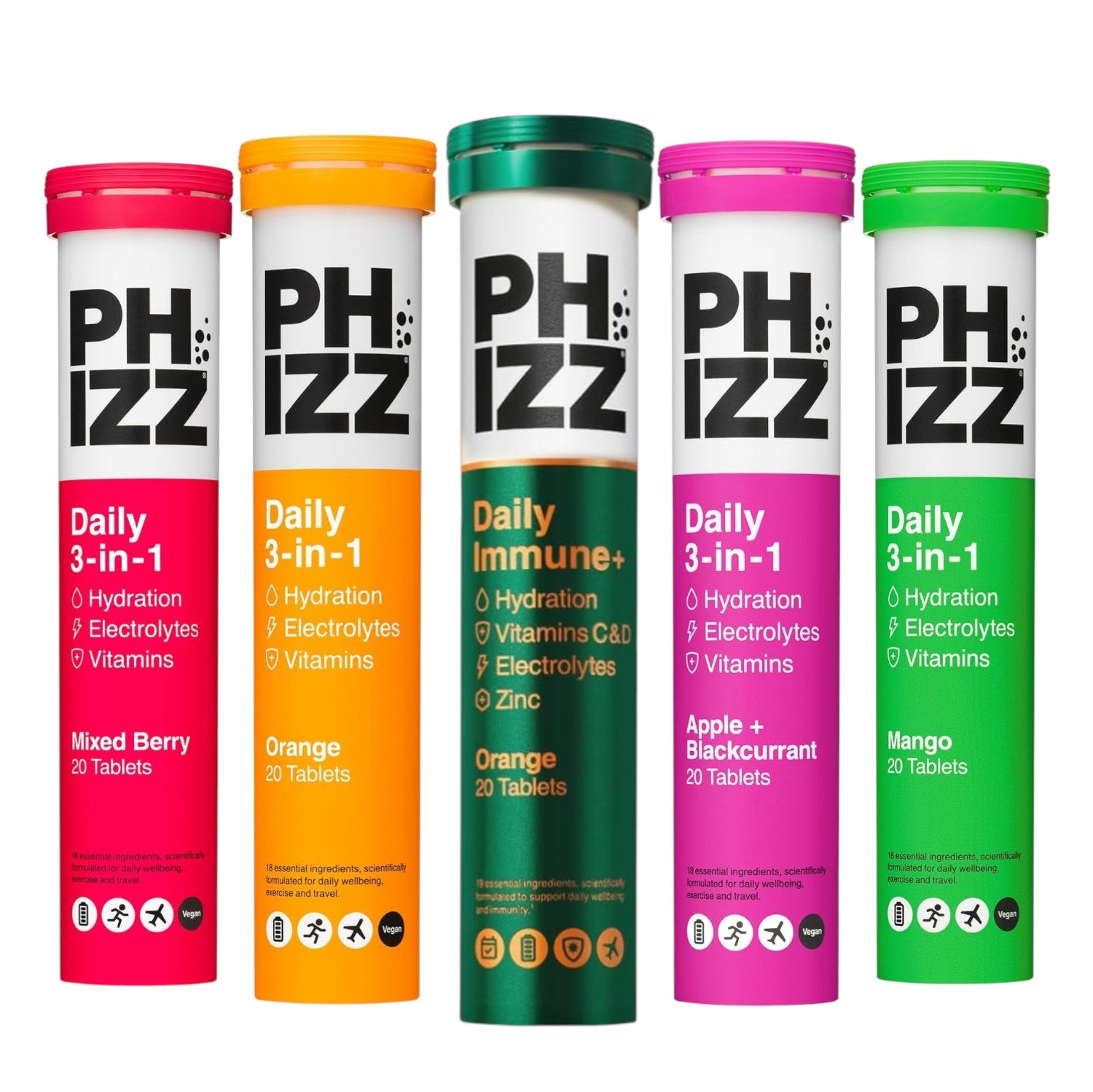 Phizz Daily electrolyte multivitamin effervescent tablets variety pack tubes mixed flavours 100 tablets