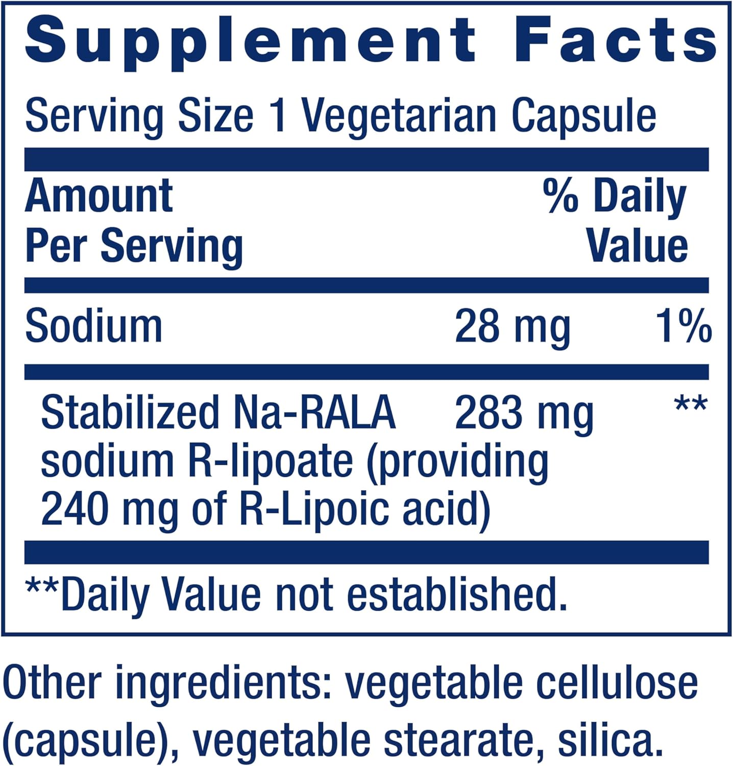 Supplement facts for Life Extension Super R-Lipoic Acid showing stabilized Na-RALA ingredient.