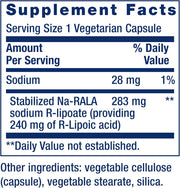 Supplement facts for Life Extension Super R-Lipoic Acid showing stabilized Na-RALA ingredient.