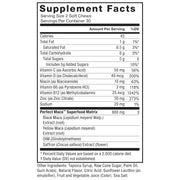 Supplement facts label for a product with various vitamins and maca extracts on a white background.