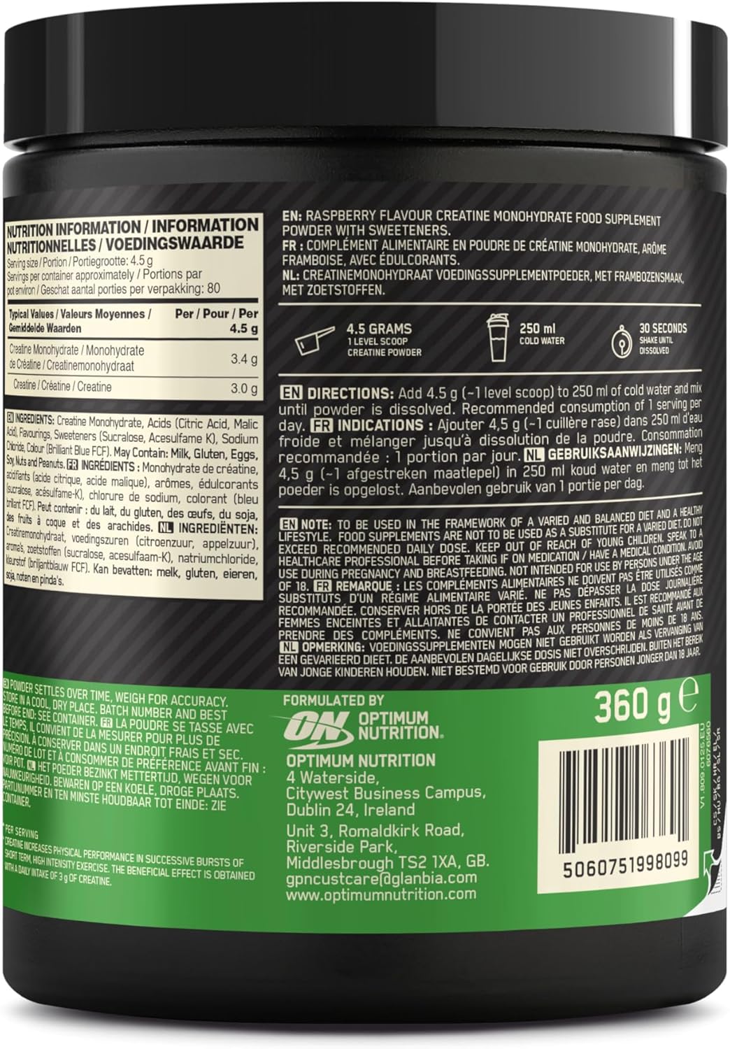 Back view of a supplement container with text and branding