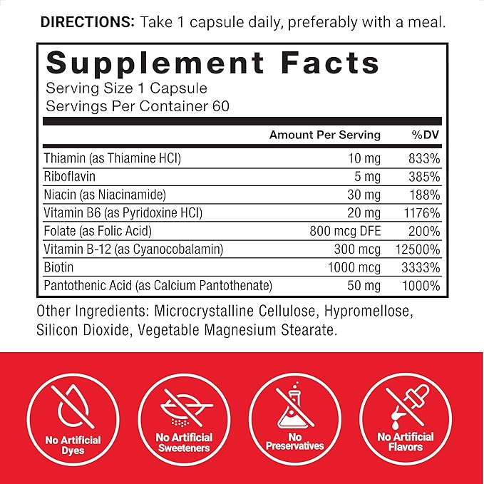 Supplement facts label for B Complex with 8 essential B vitamins.