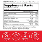 Supplement facts label for B Complex with 8 essential B vitamins.