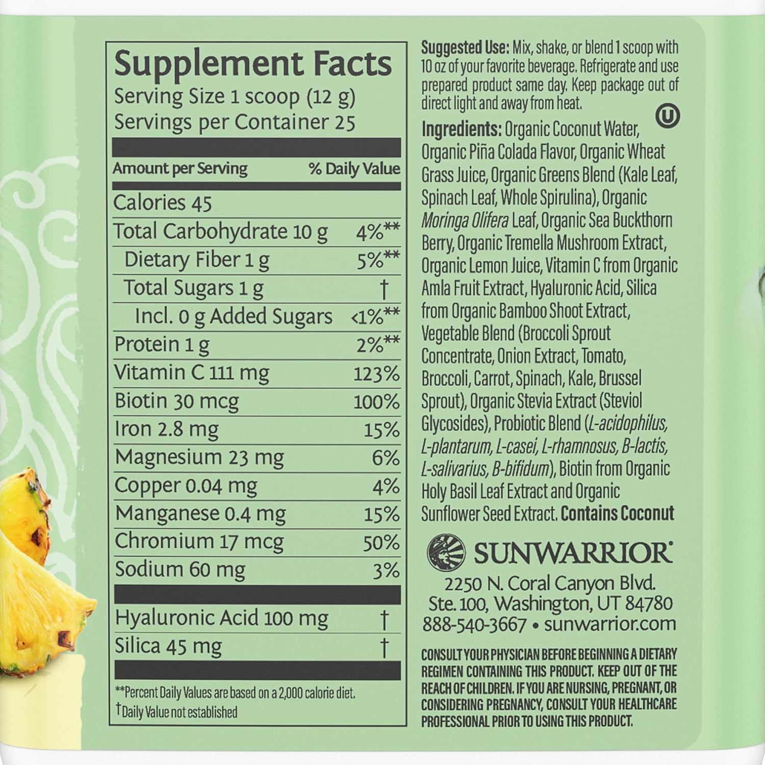 Ingredients and supplement facts for Beauty Greens Superfood Drink