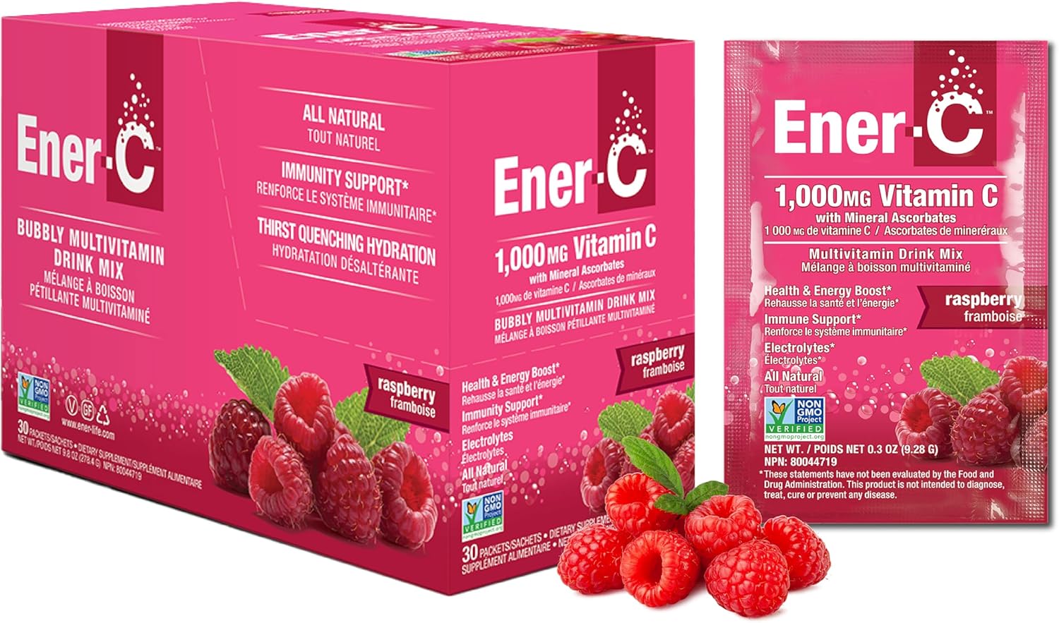 Ener-C Raspberry vitamin powder mix box front label 30 sachets on white background