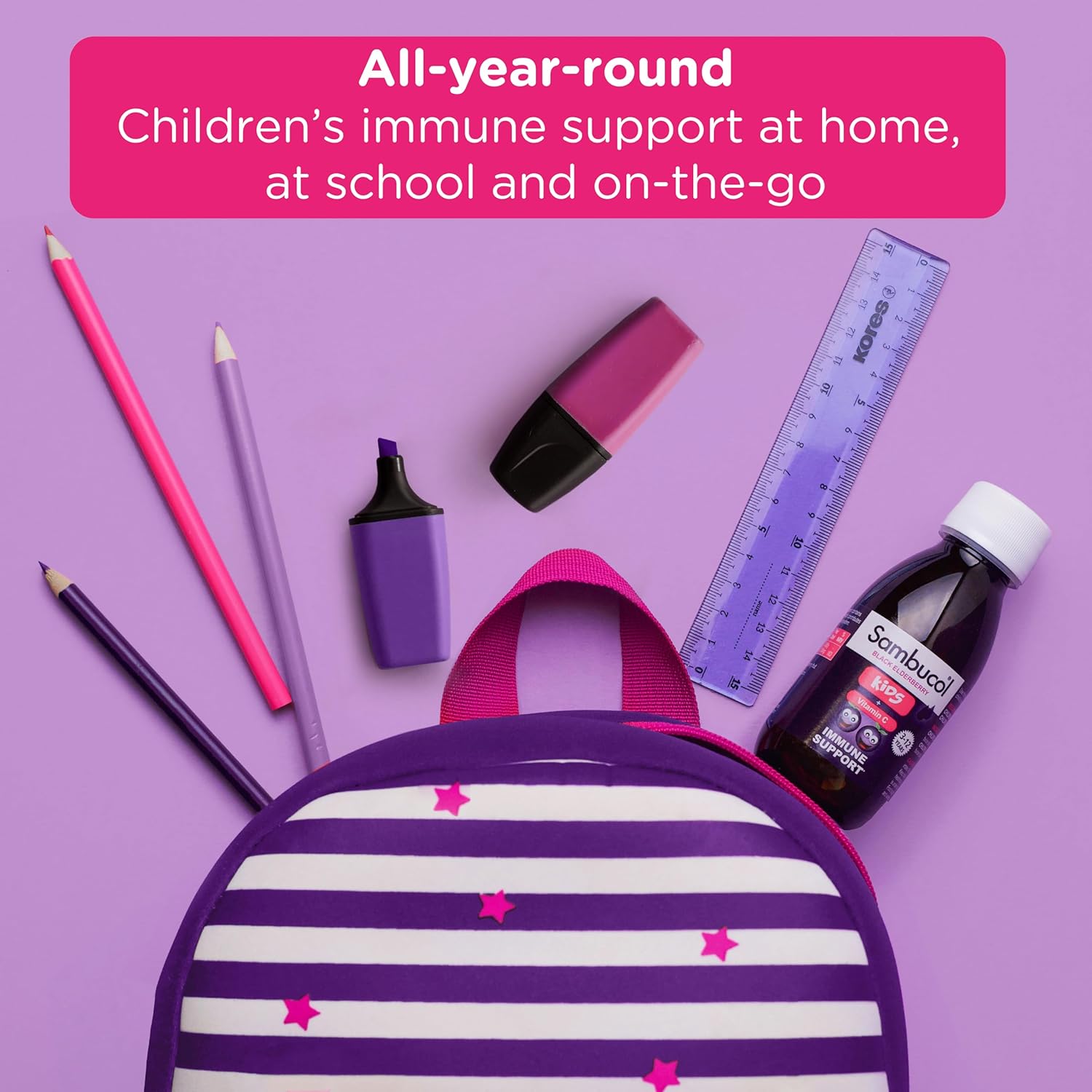 Purple and white striped backpack with school supplies on a purple background, featuring Sambucol product.