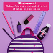 Purple and white striped backpack with school supplies on a purple background, featuring Sambucol product.