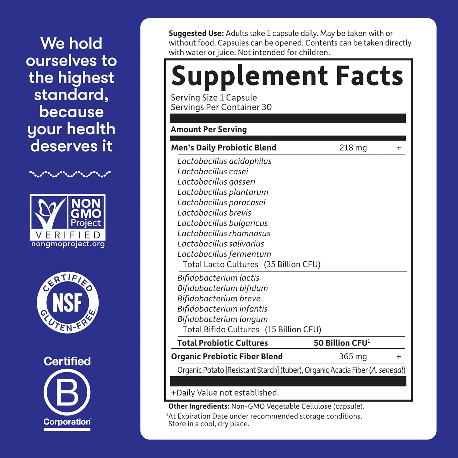 Probiotic strains and supplement facts for men's daily probiotic.