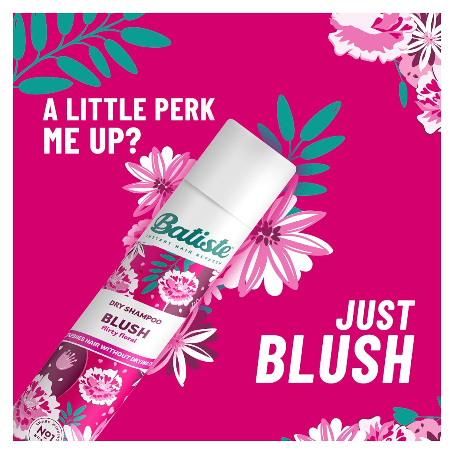 Batiste Dry Shampoo Blush Flirty Floral 200ml can, pink design background.
