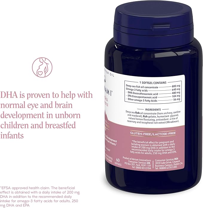 Supplement facts and usage instructions for Minami MorDHA Prenatal DHA & EPA softgels on white background.