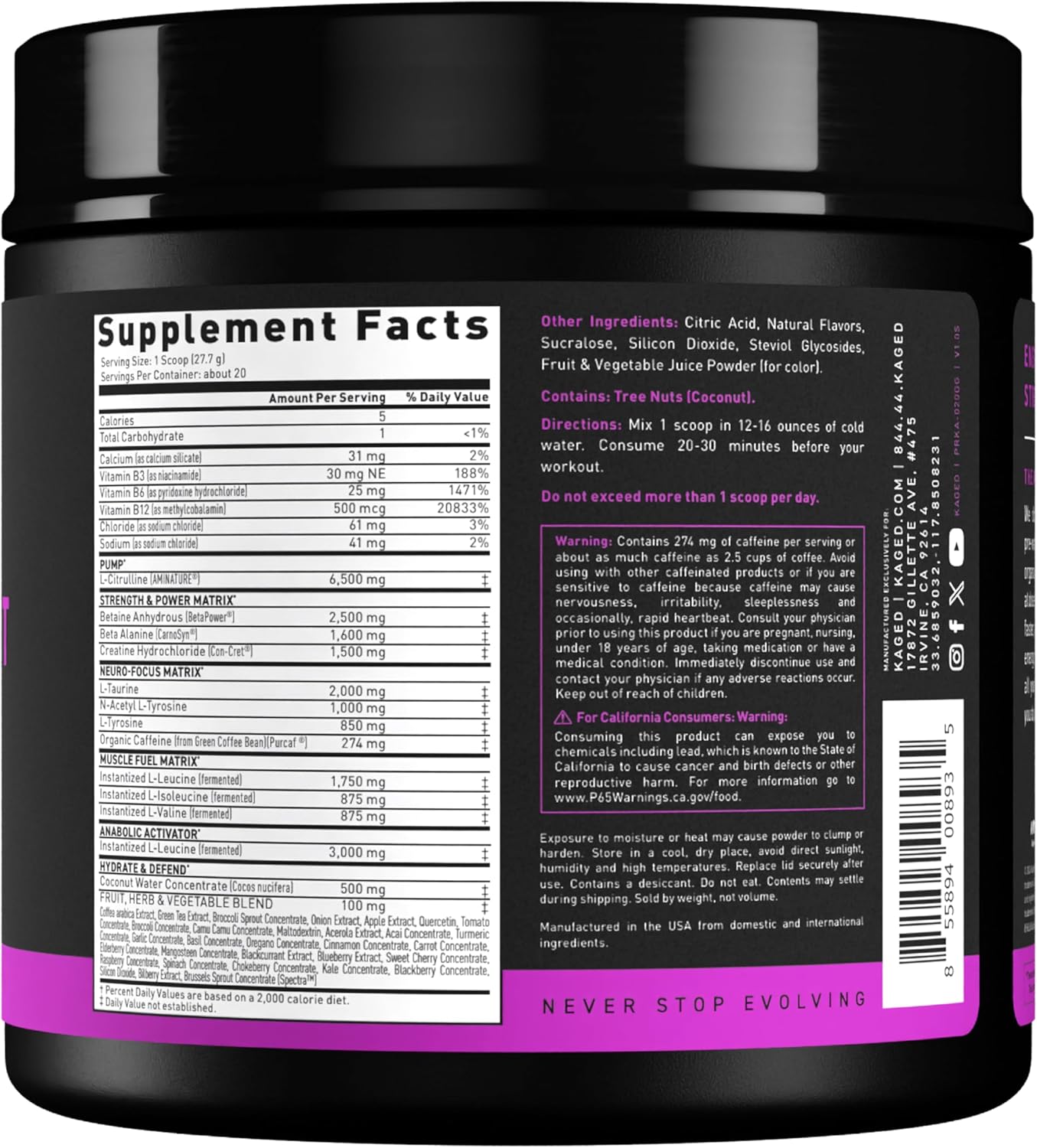 Kaged Original supplement powder supplement facts label 554g and barcode