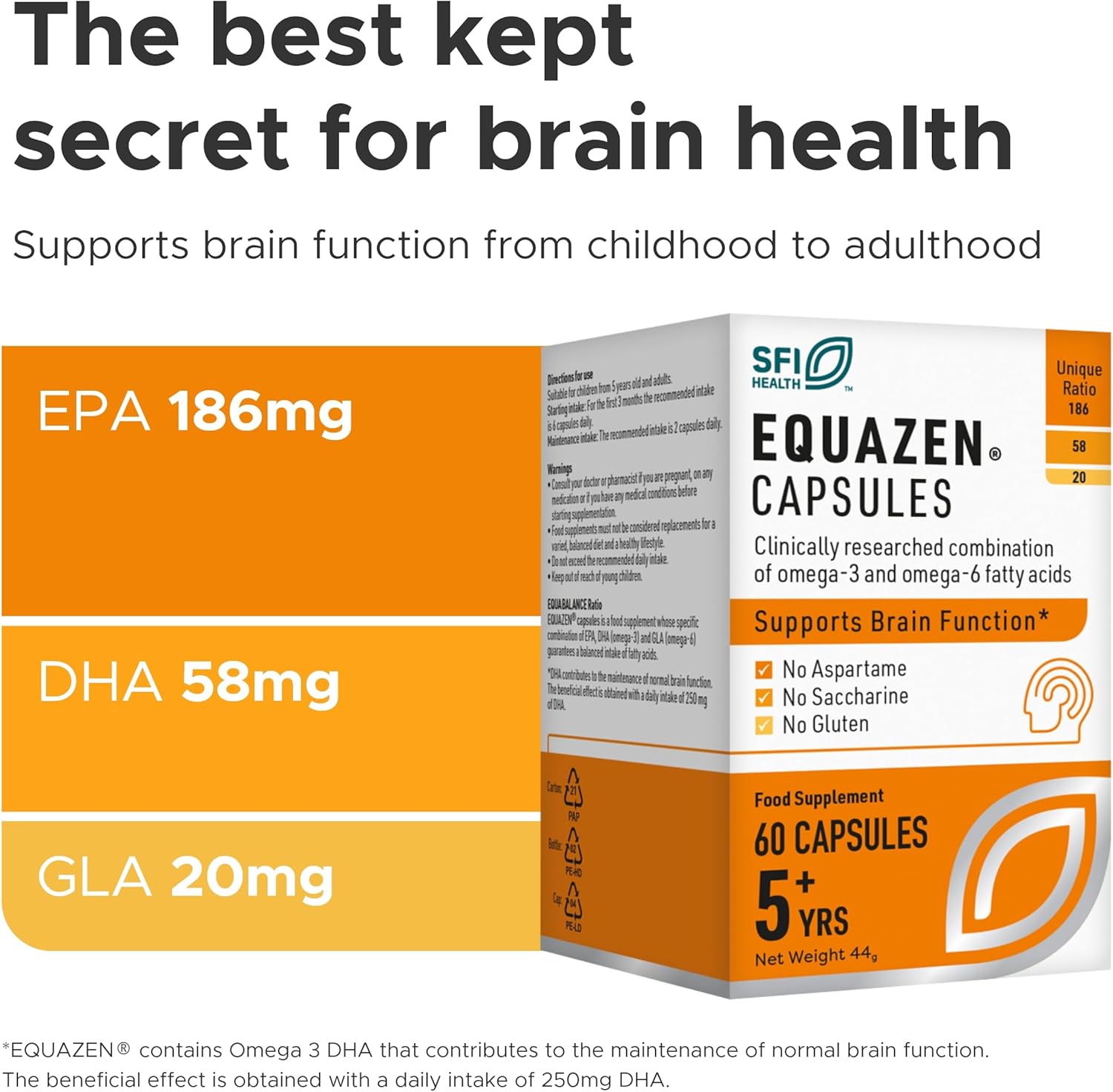 Box of Equazen capsules with nutritional information on a white background