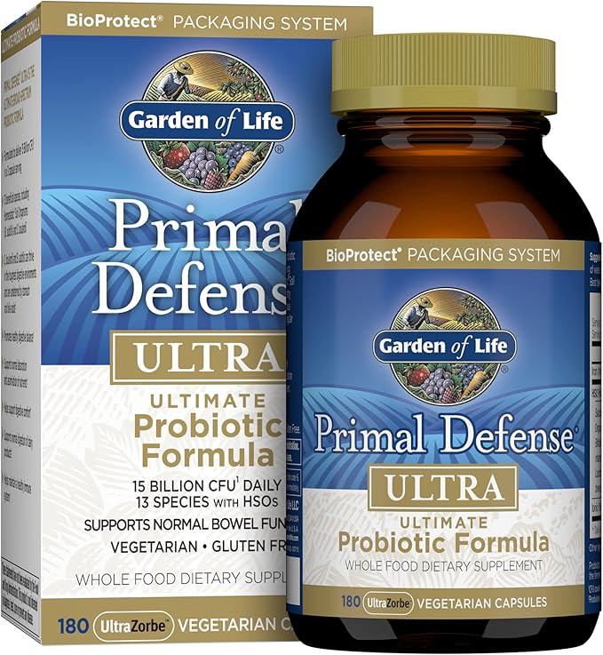 Garden of Life Primal Defense Ultra probiotic bottle & box 180 vegan capsules.