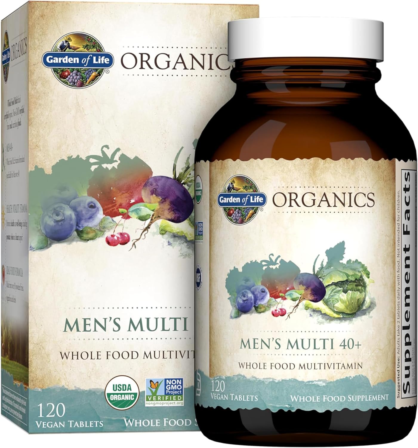 Garden of Life Organics Men's Multi 40+ bottle & box, whole food vegan tablets, 120 count.