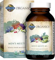 Garden of Life Organics Men's Multi 40+ bottle & box, whole food vegan tablets, 120 count.