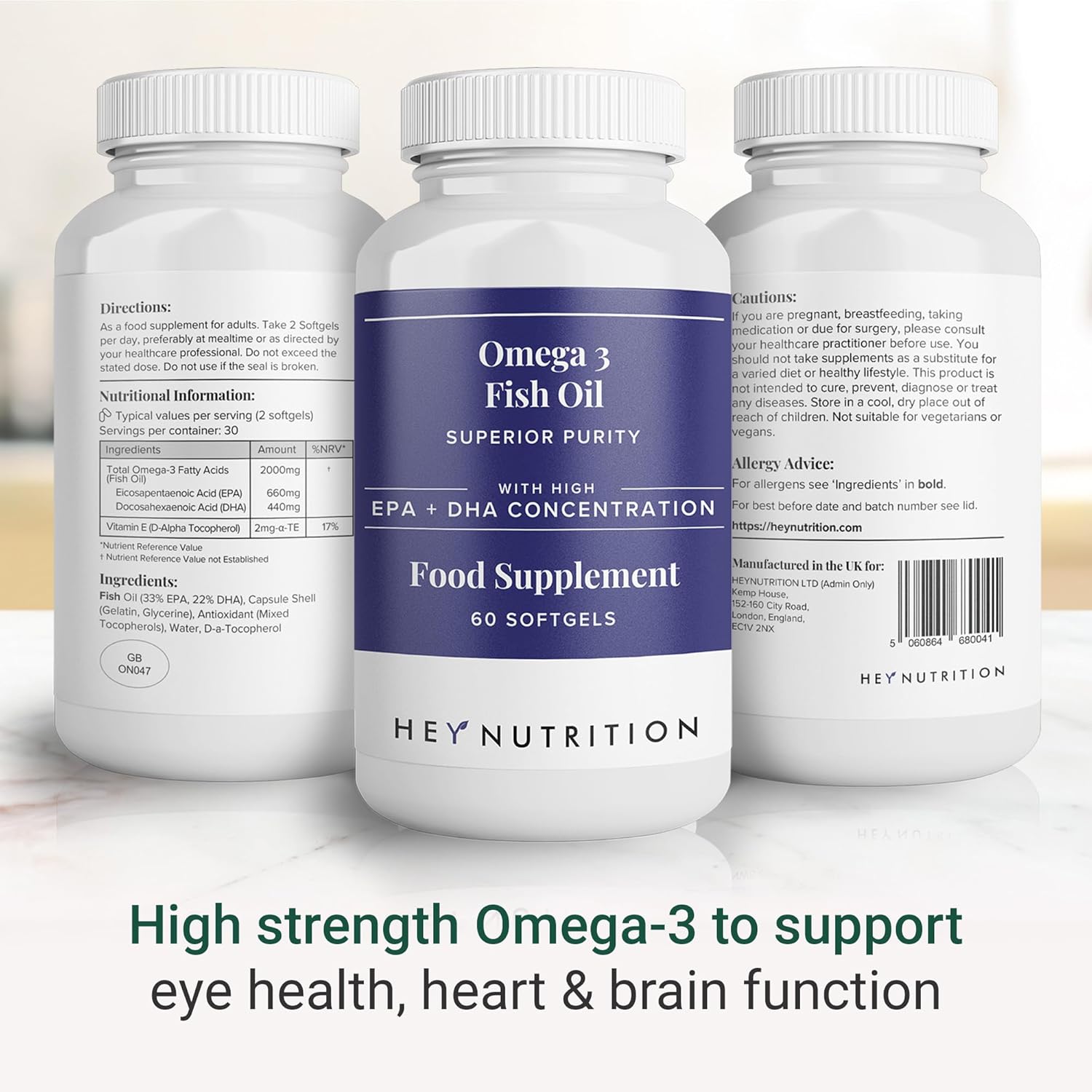Hey Nutrition Omega-3 Fish Oil 2000mg - High EPA & DHA - 60 Softgels