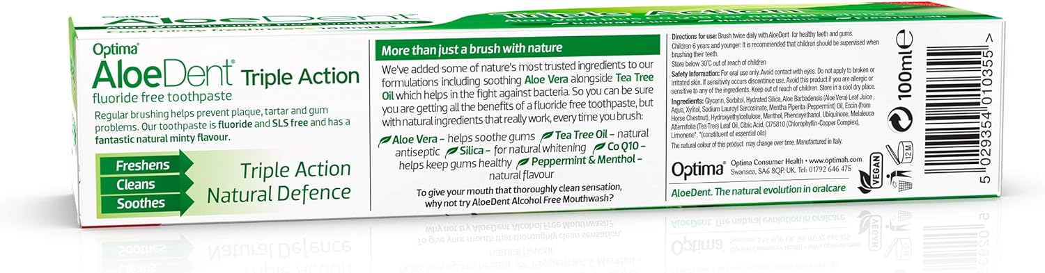 Back Image: Aloe Dent triple action aloe vera toothpaste fluoride free vegetarian 100ml box barcode