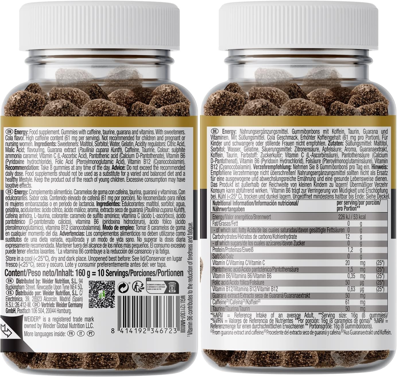 Bottle of Weider Energy Gummies ingredients & barcode