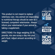 Label of Life Extension Dog Mix powder showing ingredient list and feeding guide dosage.