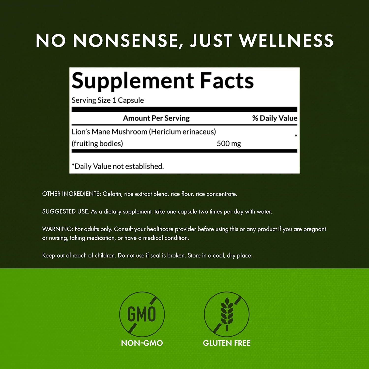 Supplement facts label for Lion's Mane Mushroom capsules with green background