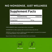 Supplement facts label for Lion's Mane Mushroom capsules with green background