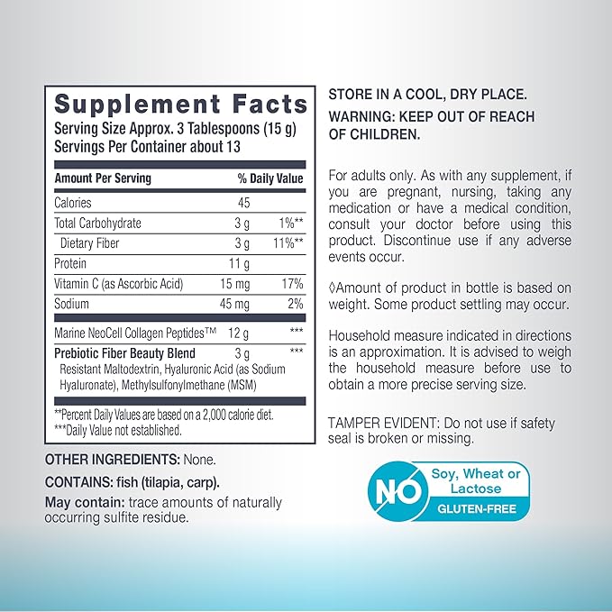 Supplement facts and nutrition label for unflavored marine collagen powder.
