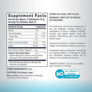 Supplement facts and nutrition label for unflavored marine collagen powder.