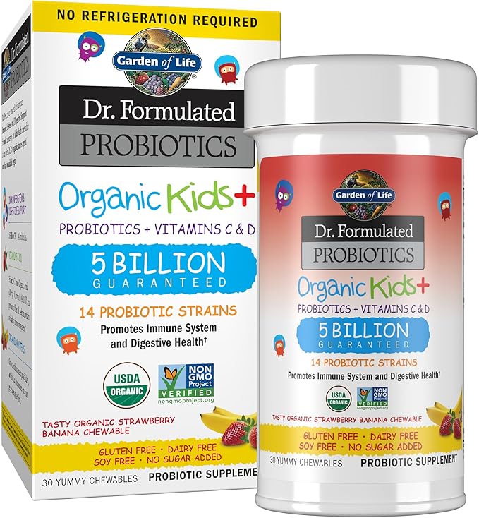 Garden of Life Dr. Formulated Kids+ Probiotic bottle & box with strawberry banana 30 chewable tablets.