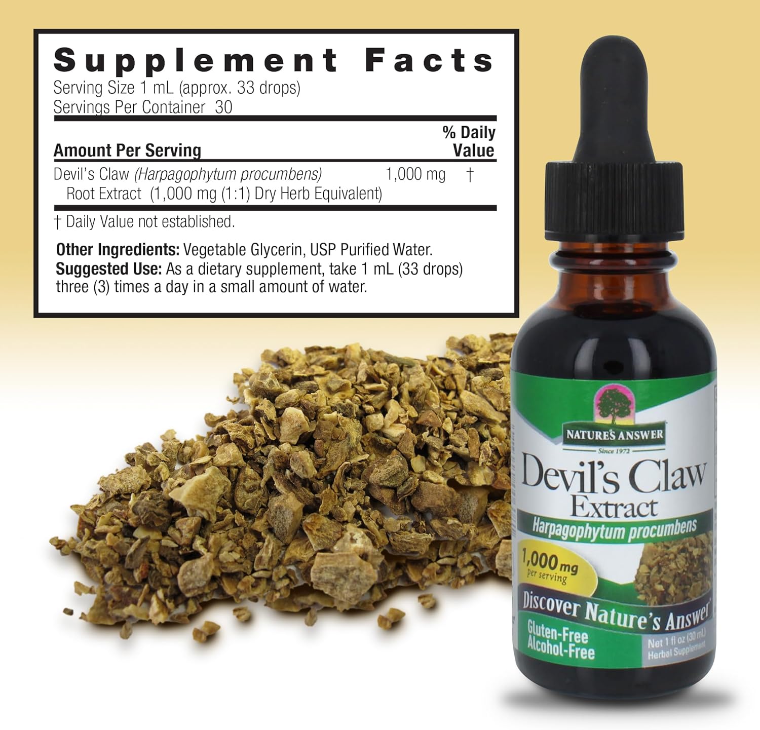 Nature’s Answer Devil’s Claw Root supplement facts alcohol free 30ml back labelon a beige background