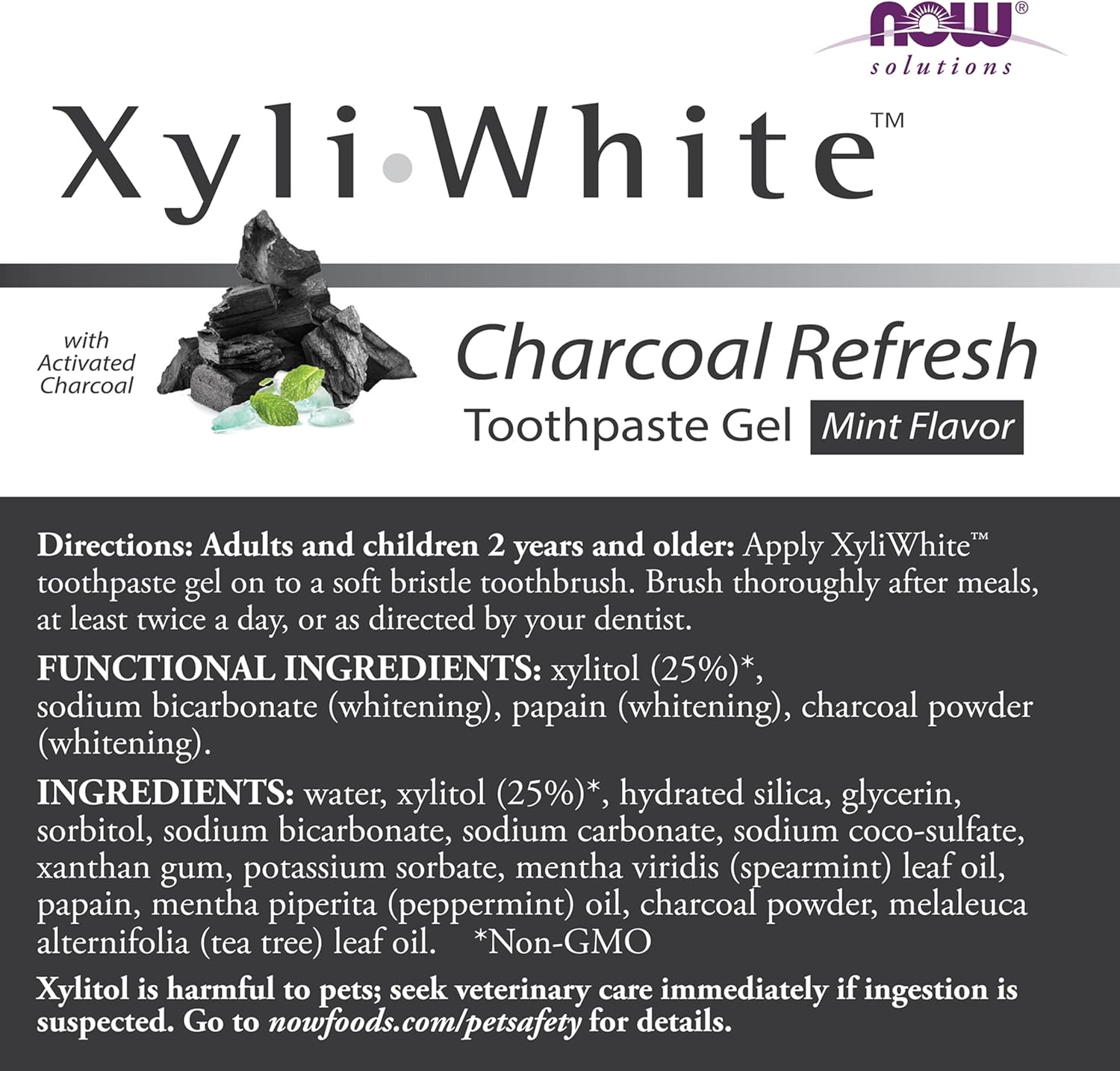 Ingredients and directions for NOW Xyliwhite Toothpaste.