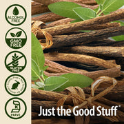 Dried herbs with 'Just the Good Stuff' branding and certification icons on the left.