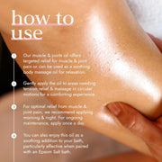Instructions on how to use a muscle and joints oil with a close-up of skin application.