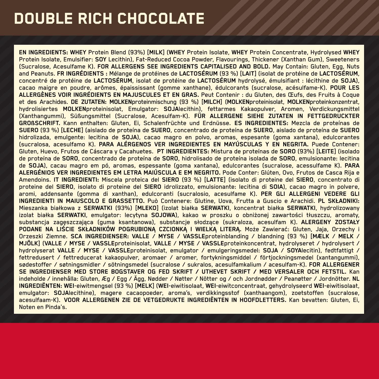 Nutritional information and ingredient list for Double Rich Chocolate product on a black background