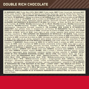 Nutritional information and ingredient list for Double Rich Chocolate product on a black background