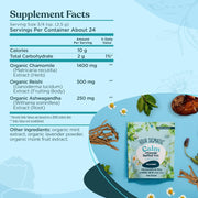 Supplement facts, ingredient list and directions on back of tea bag.