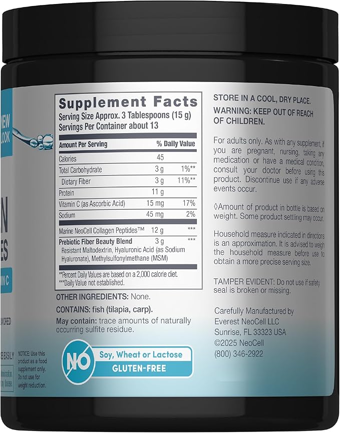 Supplement facts and nutrition label for unflavored marine collagen powder.