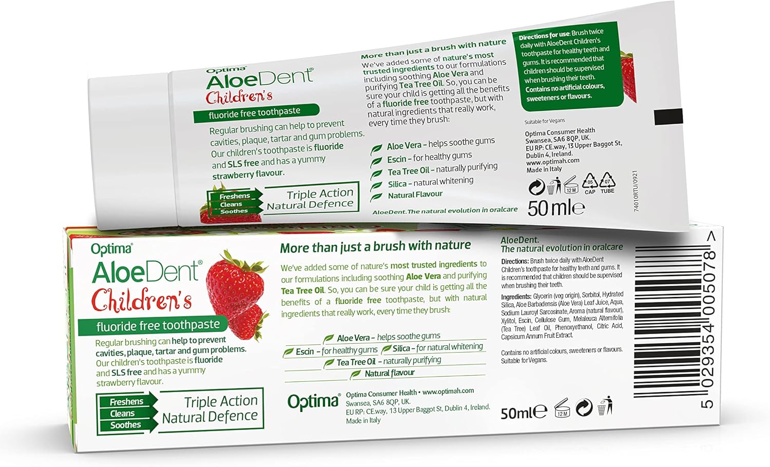Back Image: Aloe Dent children's aloe vera toothpaste strawberry flavour 50ml tube & box