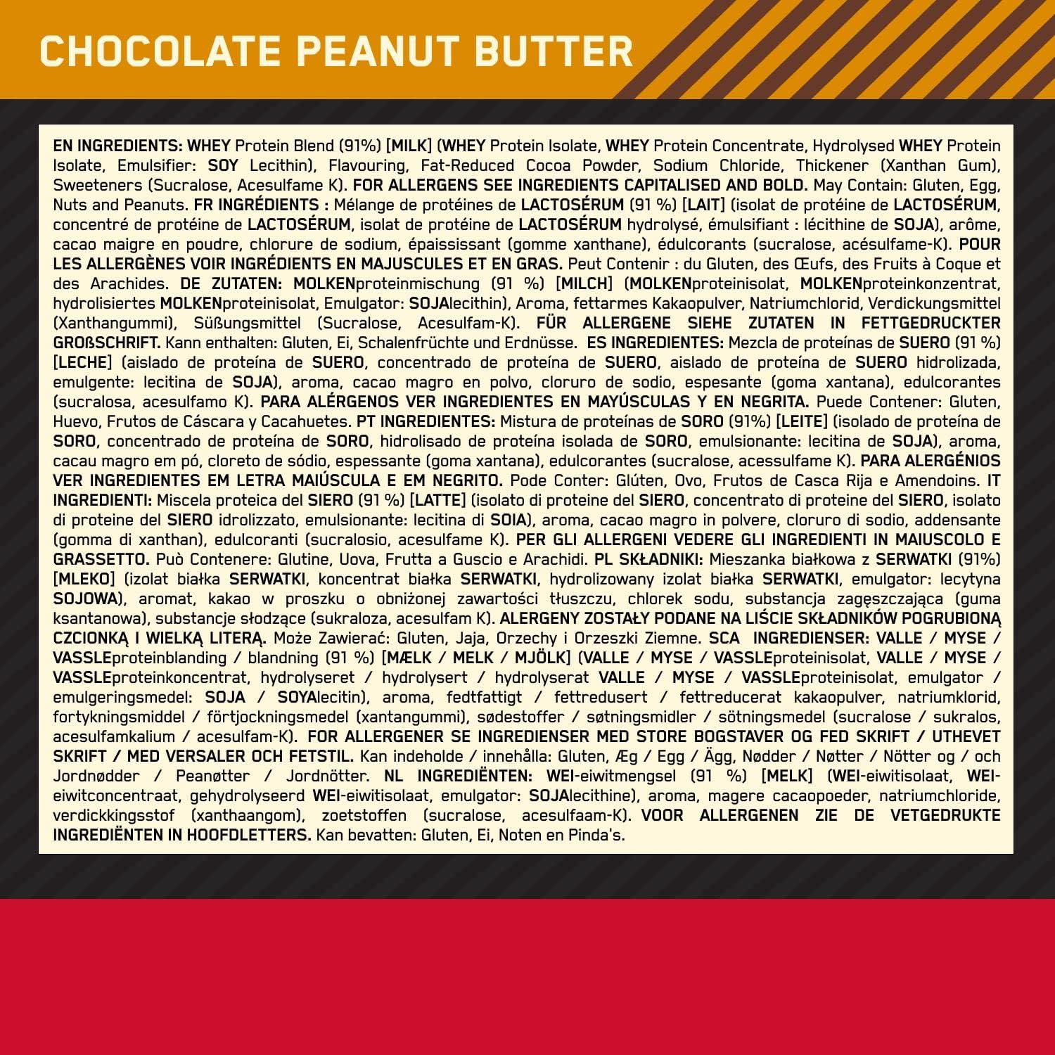Nutritional information panel for chocolate peanut butter with detailed ingredient list.